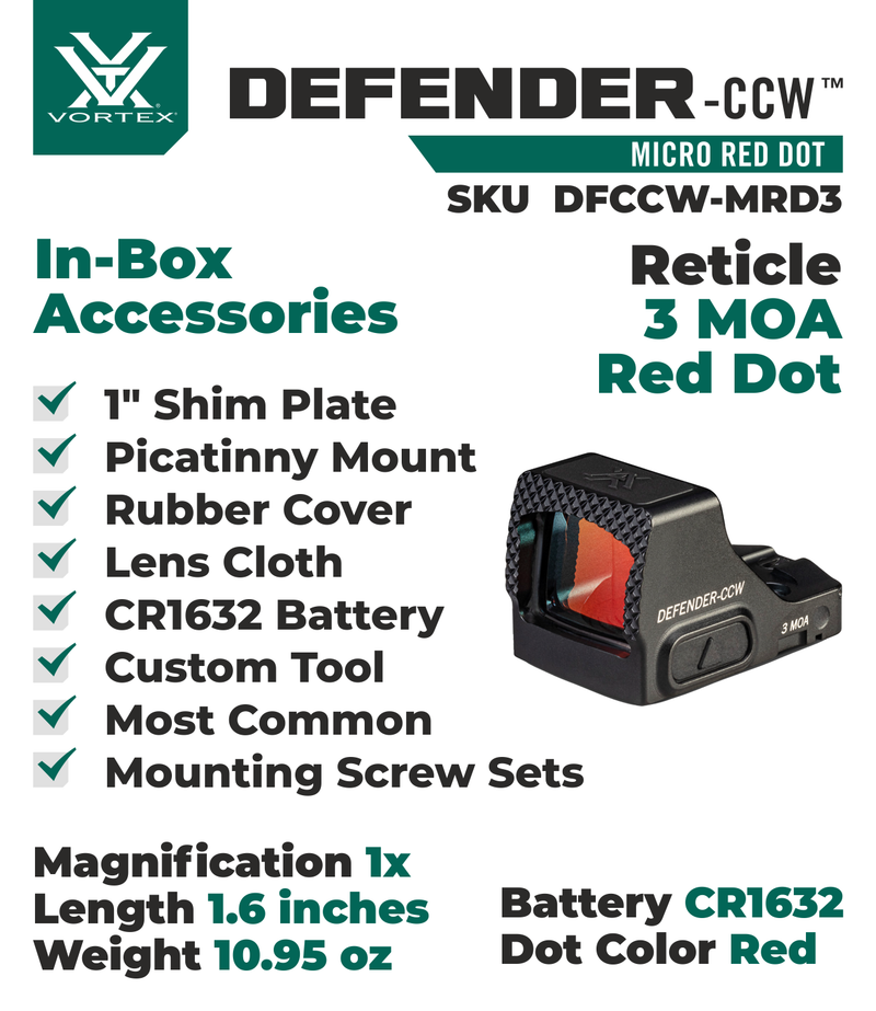 Vortex Optics Defender-CCW 3 MOA Red Dot (DFCCW-MRD3) with Free Hat Bundle