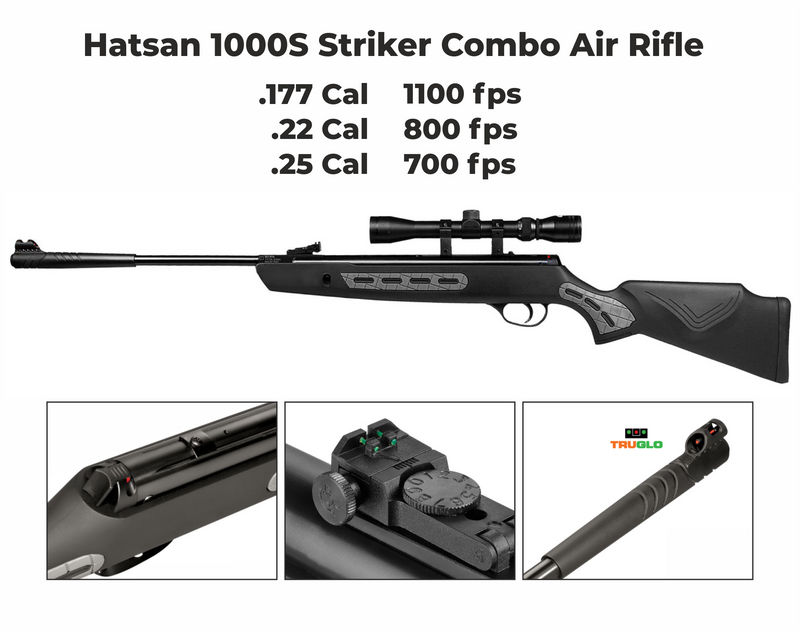 Hatsan 1000S Spring Striker AirRifle Combo .25 Caliber with Wearable4U .25 cal 150ct Pellets and 100x Paper Targets Bundle