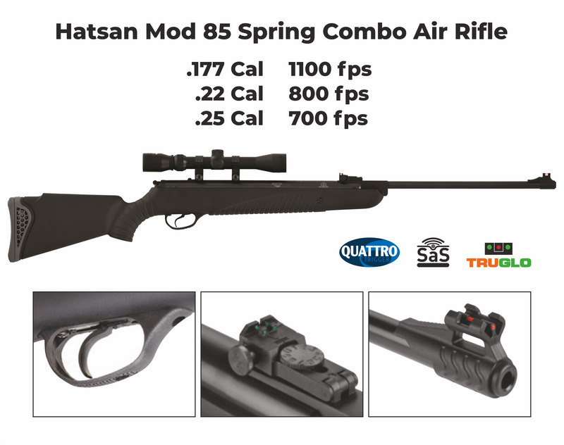 Hatsan Mod 85 Spring Combo .177 Cal Air Rifle with Wearable4U 100x Paper Targets and 500x .177cal Lead Pellets Bundle