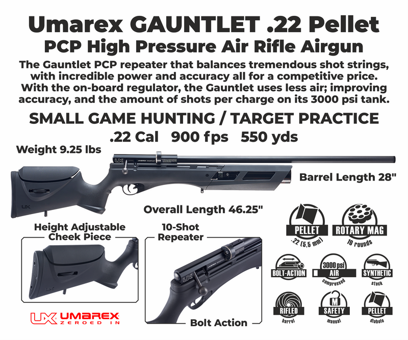 Umarex Gauntlet PCP .22 Cal High Pressure Air Rifle with Extra 10 Round Rotary Magazine and Pack of 250x .22 Cal Pellets Bundle