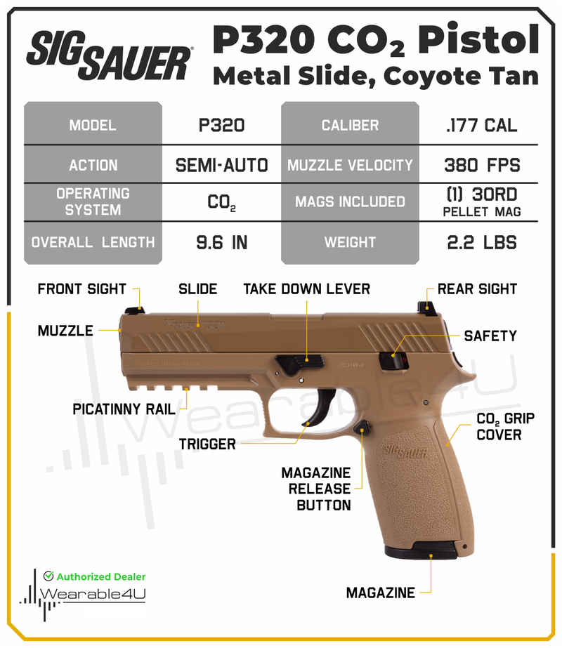SIG Sauer P320 CO2 Pistol .177 CAL Air Gun, Tan Metal Slide AIR-P320-177-30R-CYT