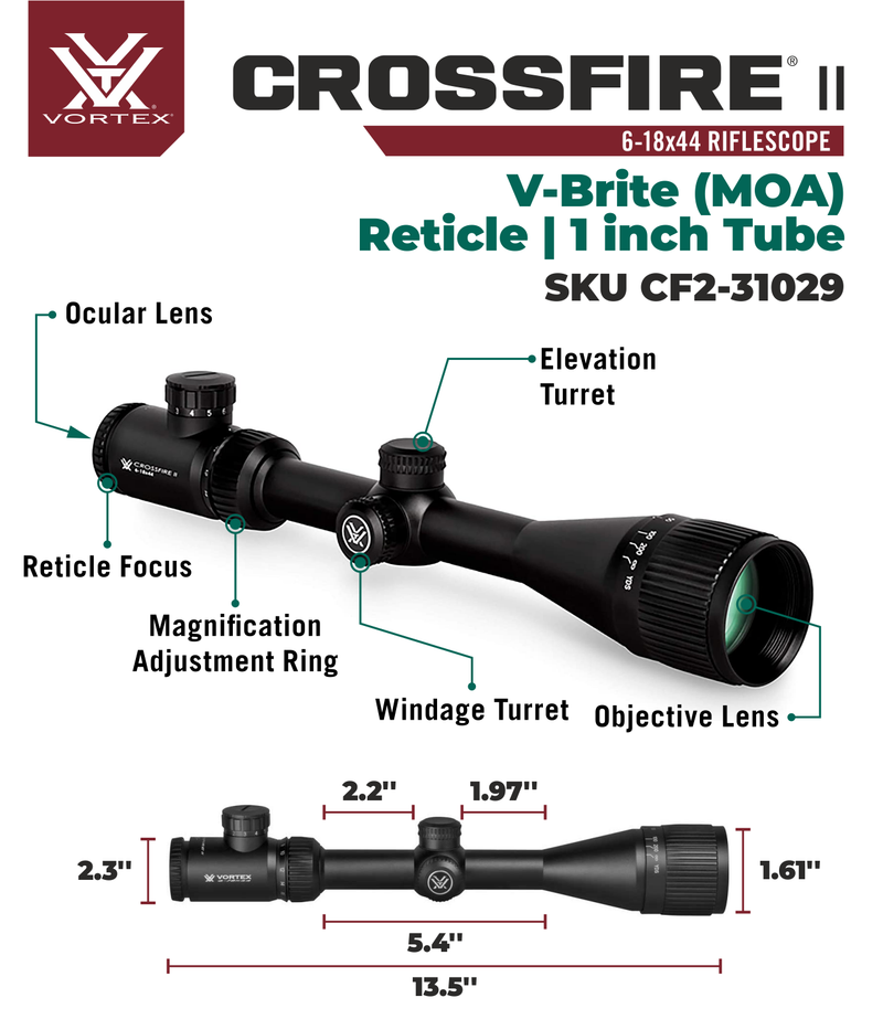 Vortex Optics Crossfire II 6-18X44 AO Riflescope V-Brite (MOA) Reticle, 1 inch Tube with Hat