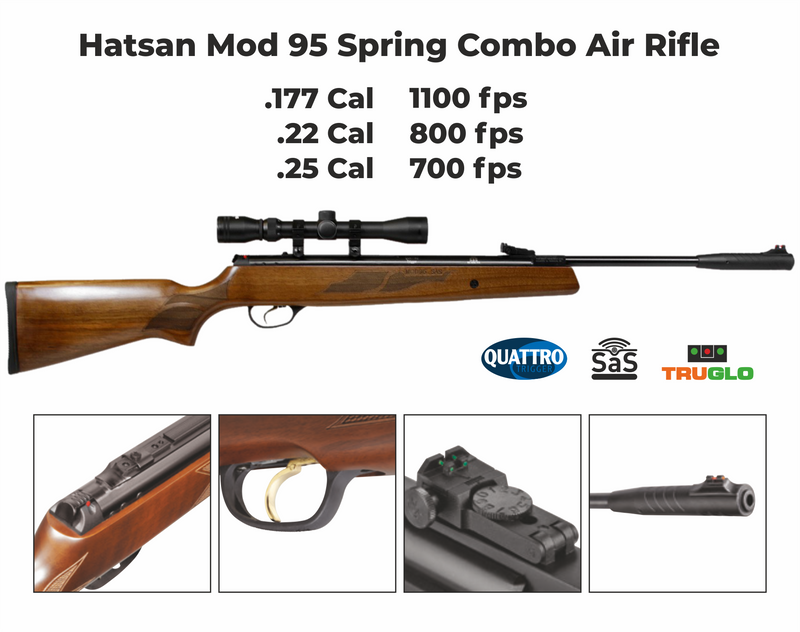 Hatsan Mod 95 Spring Combo .25 Caliber Break Barrel Air Rifle with Wearable4U .25 cal 150ct Pellets and 100x Paper Targets Bundle