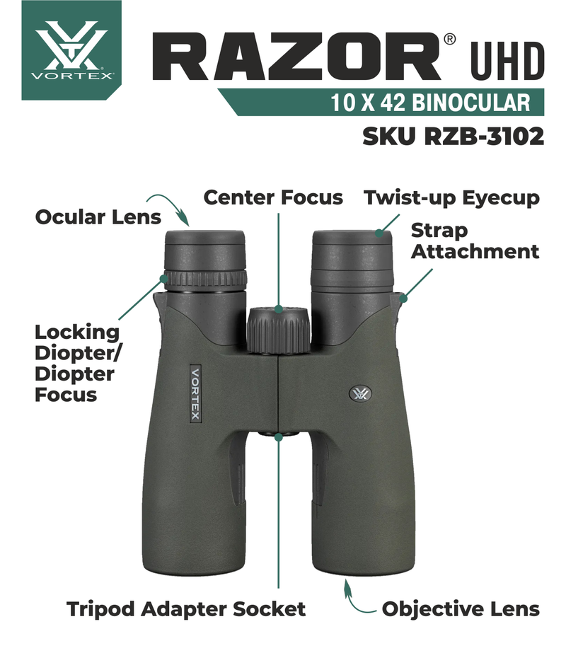 Vortex Optics Razor UHD 10x42 Binocular RZB-3102 with Free Hat and Wearable4U Bundle