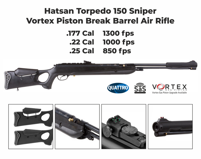 Hatsan Torpedo 150SN Sniper Vortex Piston Under Lever .22 Caliber AirRifle with Wearable4U .22 cal 250ct Lead Pellets and 100x Paper Targets Bundle