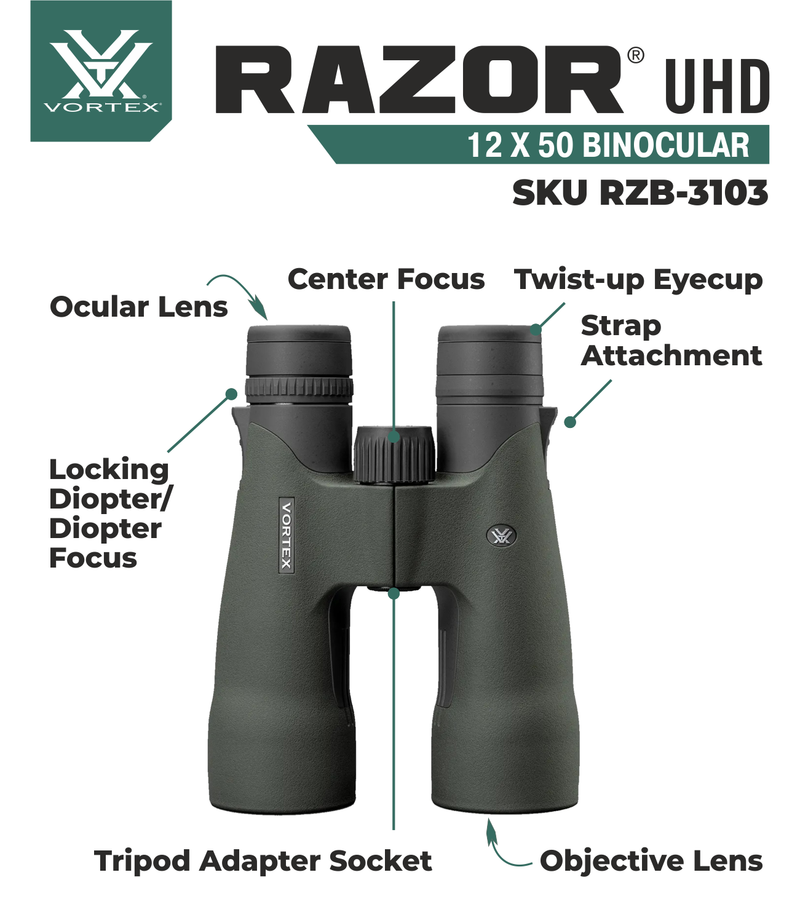 Vortex Optics Razor UHD 12x50 Binocular RZB-3103 with Free Hat and Wearable4U Bundle