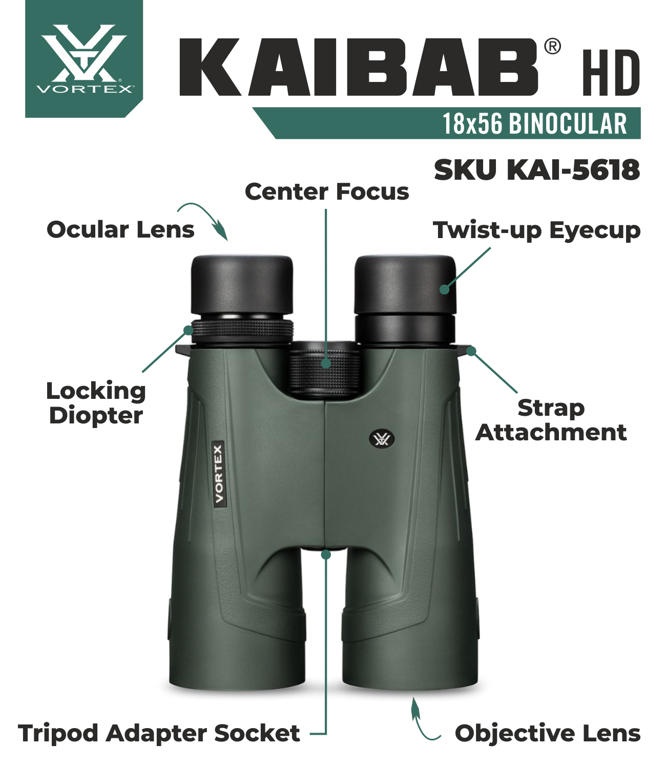 Vortex Optics KAI 5618 Kaibab HD 18X56 Binocular with Free Hat
