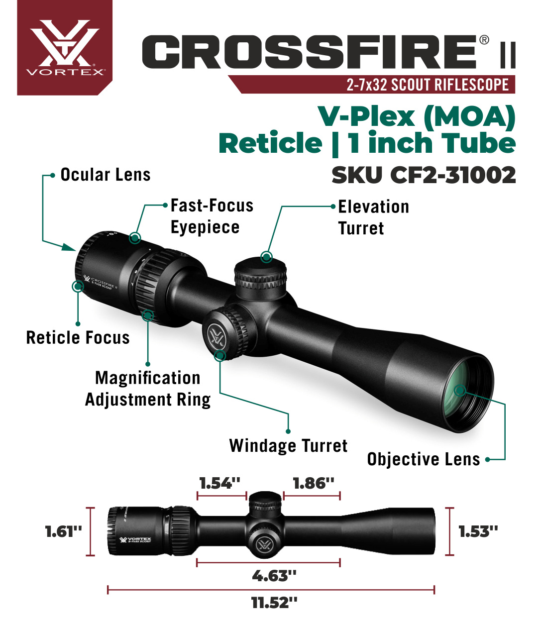 Vortex Crossfire II 2-7x32 Scout Riflescope with V-Plex Reticle Vortex Crossfire II 2-7x32 Scout Riflescope with V-Plex Reticle