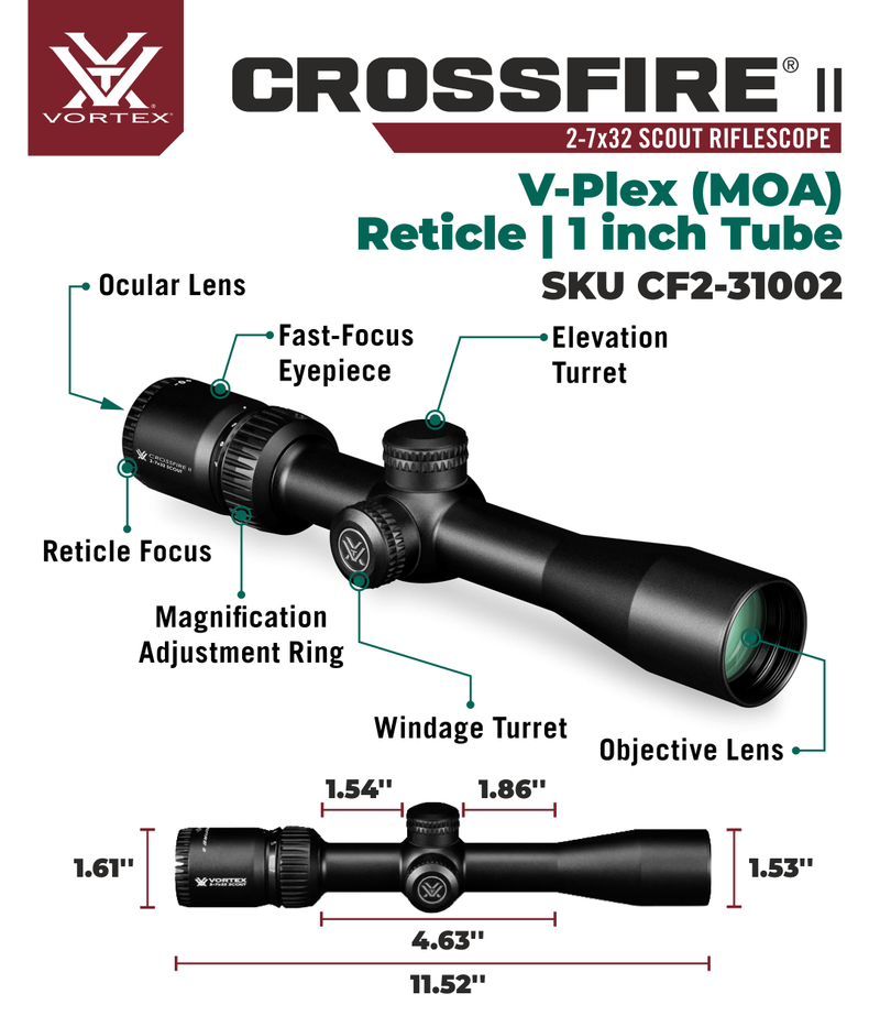 Vortex Optics Crossfire II 2-7x32 Scout, SFP, 1-inch Tube Riflescope V-Plex Reticle with Free Hat and Vortex Optics Rings Bundle