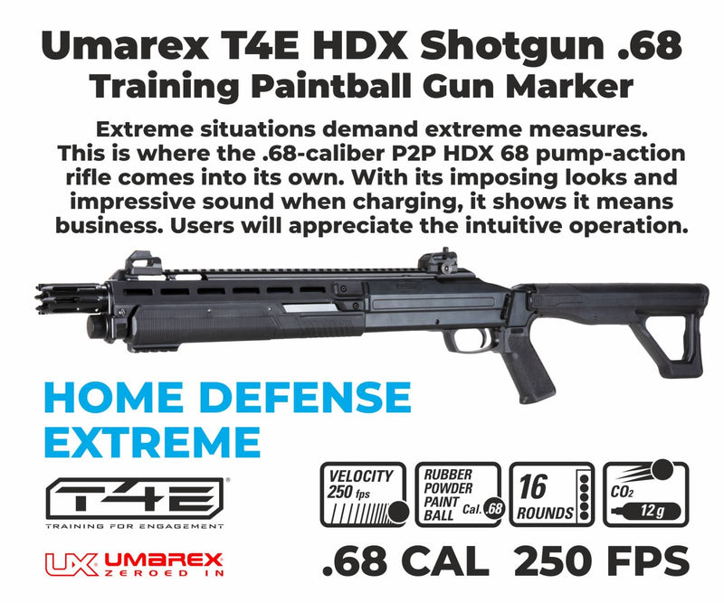 Umarex T4E HDX Pump Action .68 Caliber Paintball Marker Rifle (2292141) with Pack of 100x Rubber Balls and CO2 5x 12 Gram Tank Bundle