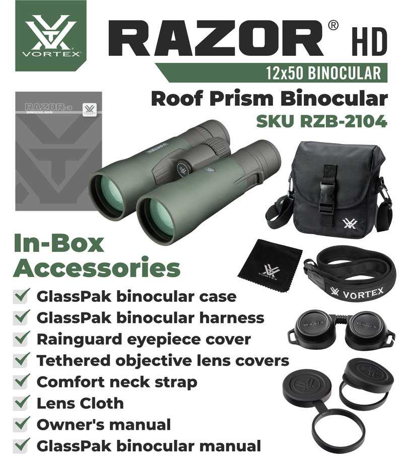 Vortex Optics Razor HD 12x50 Roof Prism Binocular RZB-2104 with Free Hat and Wearable4U Bundle