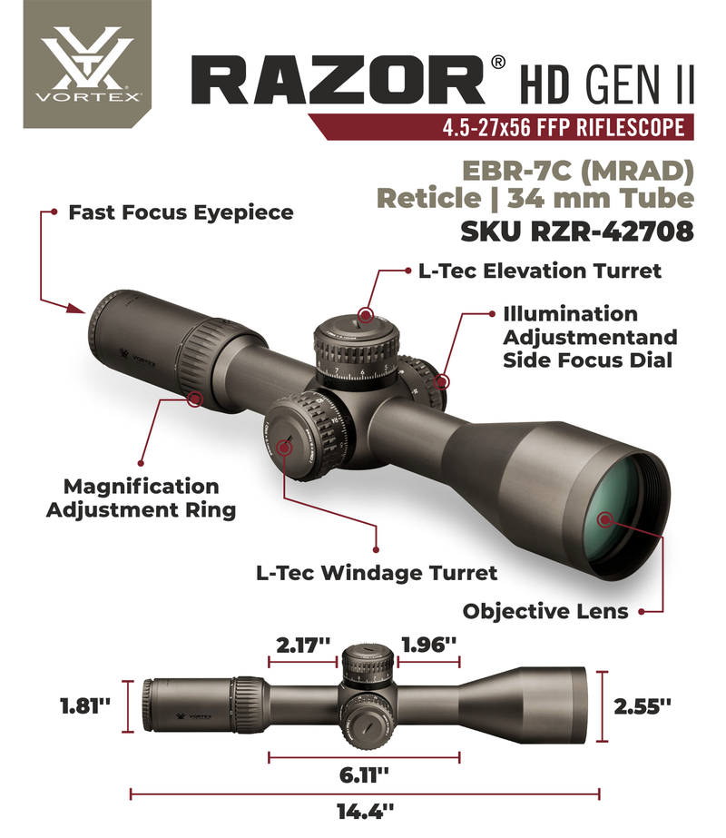 Vortex Optics Razor HD Gen II 4.5-27x56 FFP Riflescope EBR-7C (MRAD), 34mm Tube with Vortex Optics Free Hat, Black Camo Bundle