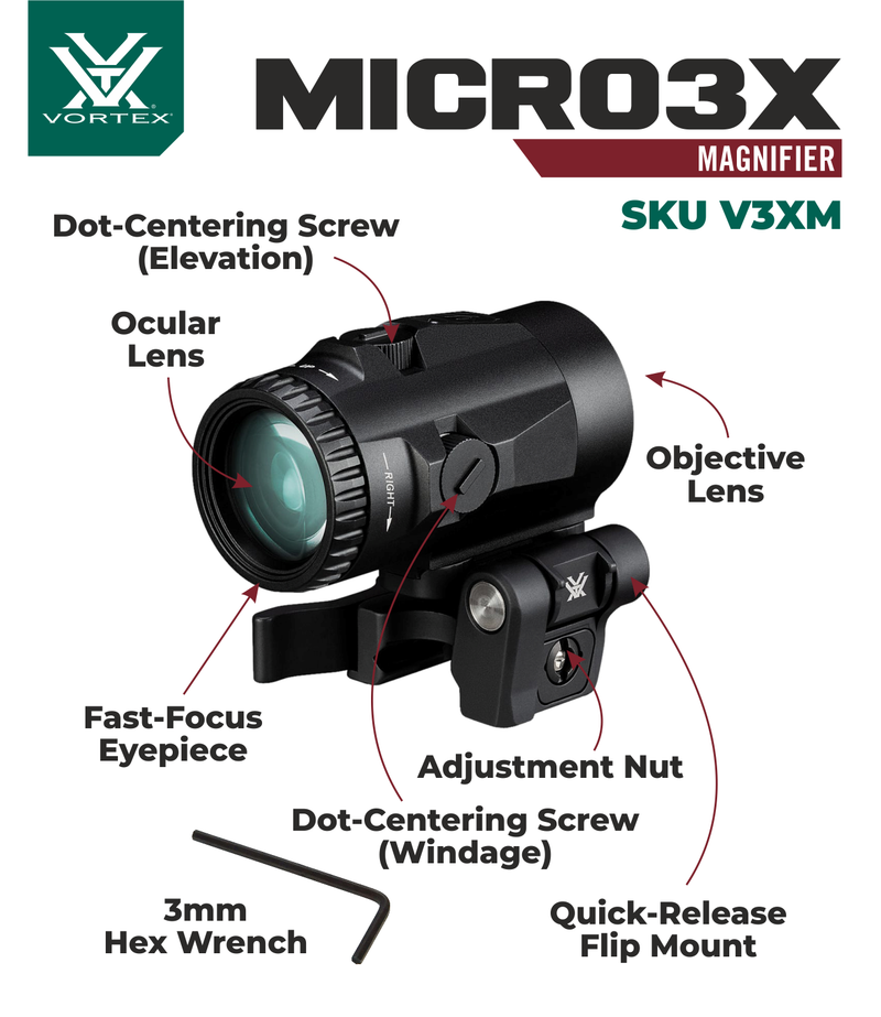 Vortex Optics Micro3X Red Dot Sight Magnifier with Quick-Release Mount with Free Hat and Wearable4U Bundle