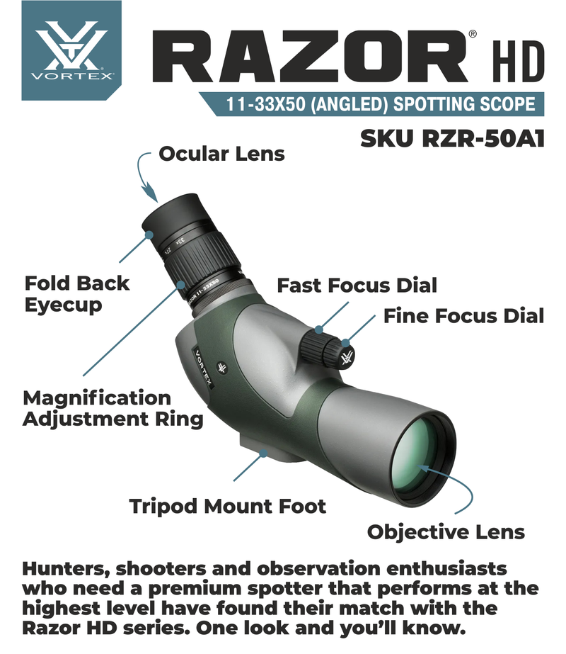 Vortex Optics Razor HD 11-33x50 (Angled) Spotting Scope with Free Hat and Wearable4U Bundle