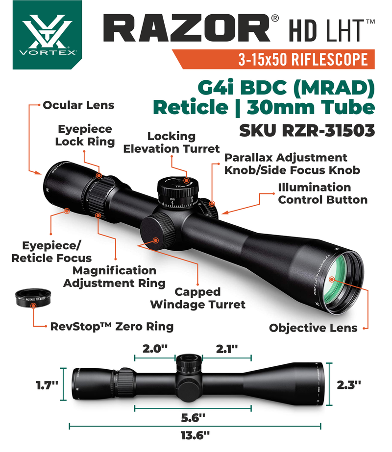 Vortex Optics Razor HD LHT 3-15x50 SFP G4i BDC (MRAD) Reticle 30mm Tube Riflescope with Mount and Hat Bundle
