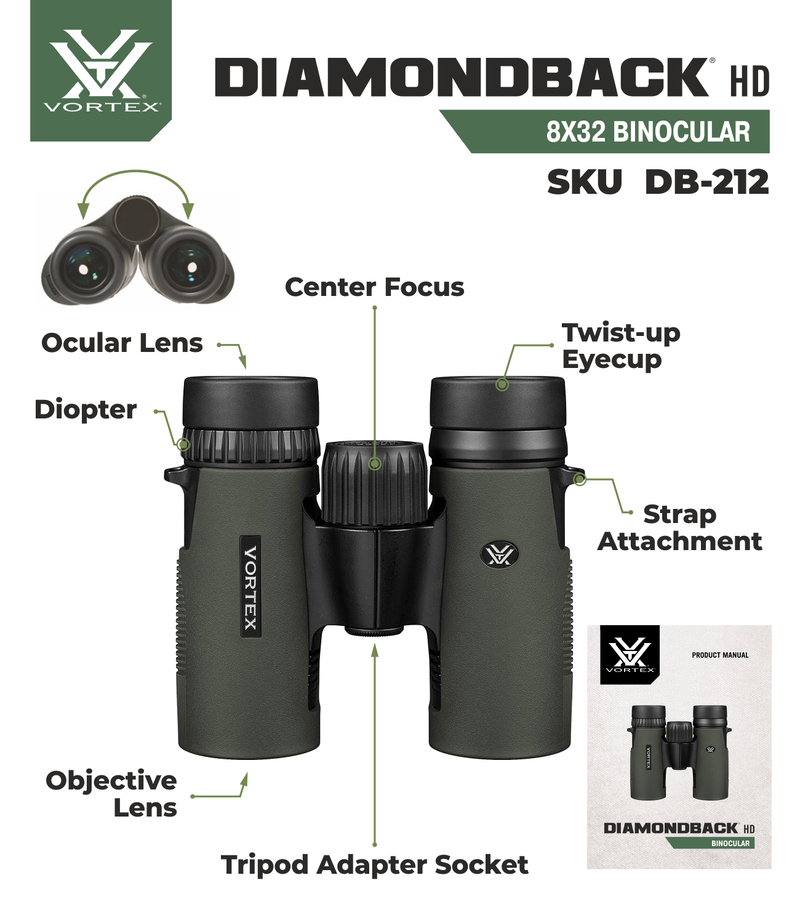 Vortex Optics DB-212 Diamondback HD 8x32 Binocular with Free Hat Bundle