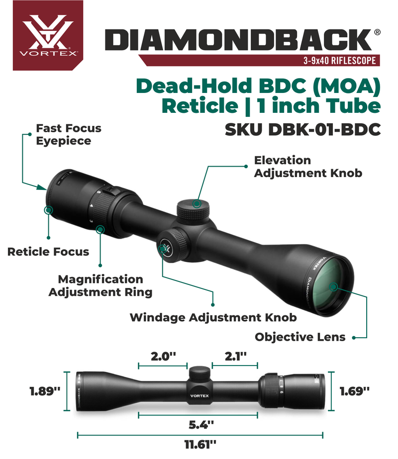 Vortex Optics Diamondback 3-9x40 Dead-Hold BDC (MOA) Reticle, 1 inch Tube Riflescope with Hat and  Rings Bundle