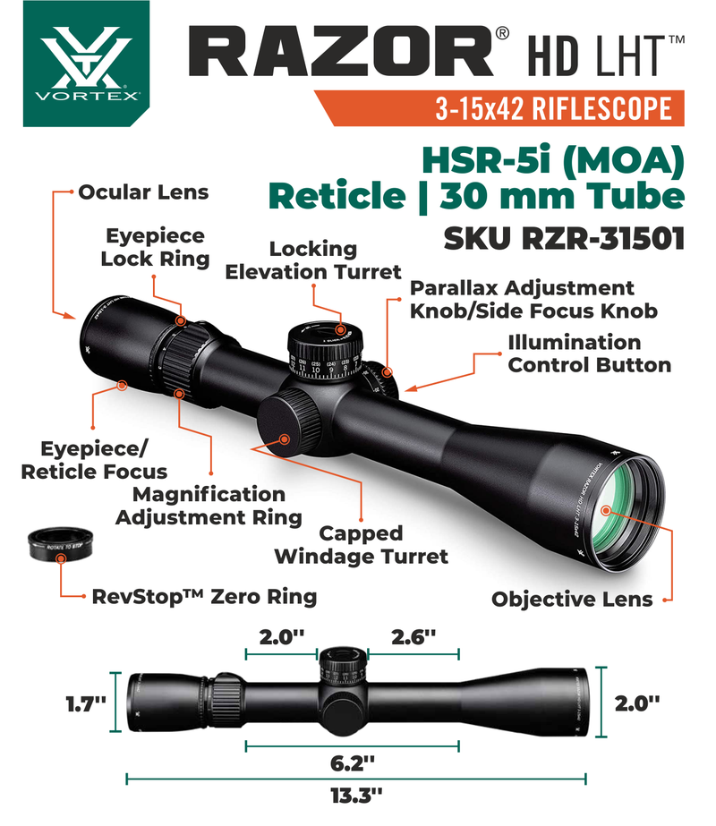 Vortex Optics Razor HD LHT 3-15x42 SFP HSR-5i (MOA) Reticle 30 mm Tube Riflescope with Mount and Hat Bundle