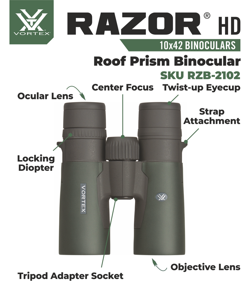 Vortex Optics Razor HD 10x42 Roof Prism Binocular RZB-2102 with Free Hat and Wearable4U Bundle