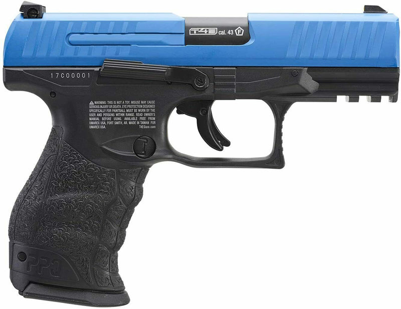 Umarex T4E .43cal Walther PPQ LE Paintball Pistol with Extra Mag and Pack of 100 Reusable Black Rubber Balls and 5x12gr CO2 Tank Bundle (Blue)
