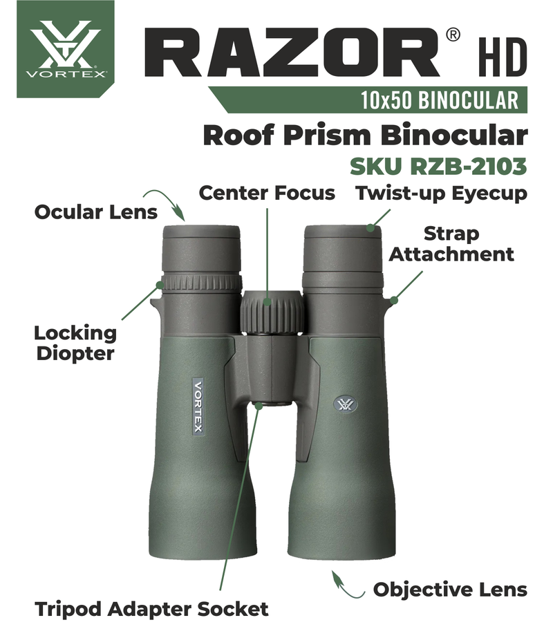 Vortex Optics Razor HD 10x50 Roof Prism Binocular RZB-2103 with Free Hat and Wearable4U Bundle