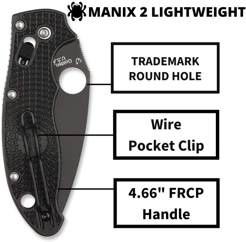 Spyderco Manix 2 Lightweight PlainEdge Folding Knife with Black Steel Blade and Black FRCP Handle