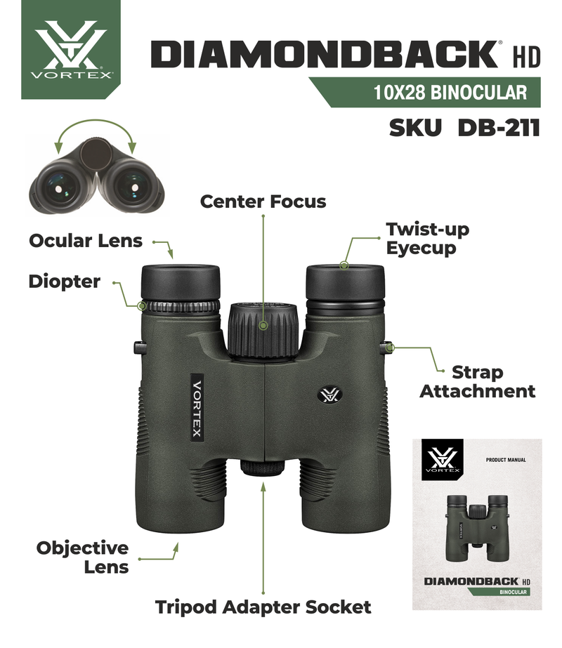 Vortex Optics DB-211 Diamondback HD 10x28 Binocular with Free Hat Bundle