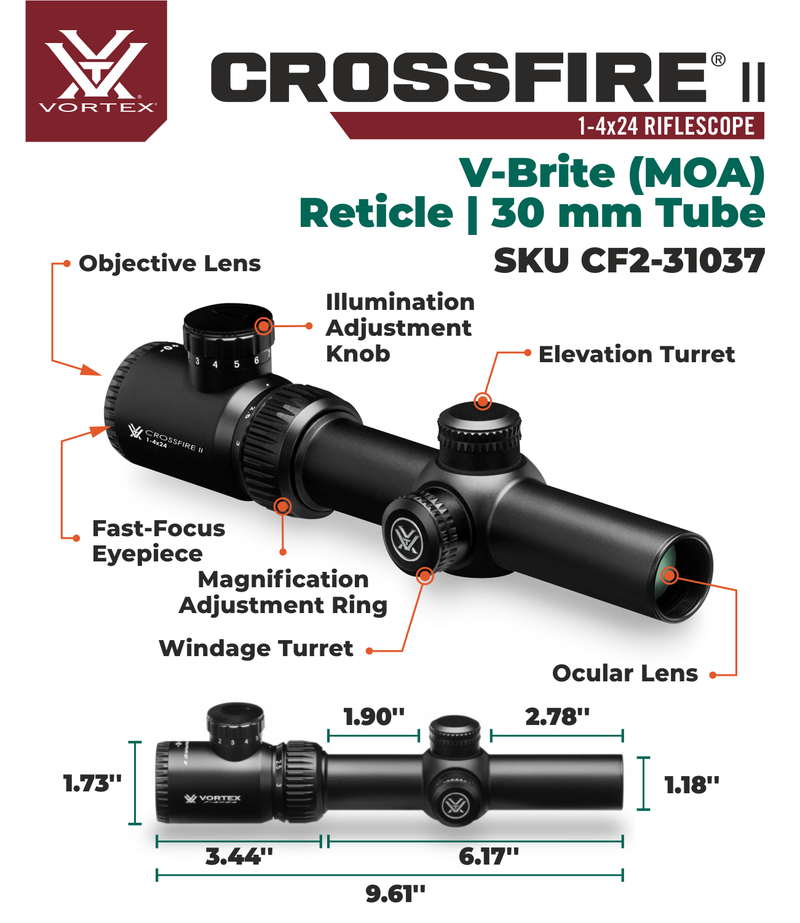 Vortex Optics Crossfire II 1-4x24 SFP Riflescope, V-Brite Illuminated Reticle (MOA), 30mm Tube with Wearable4U Bundle
