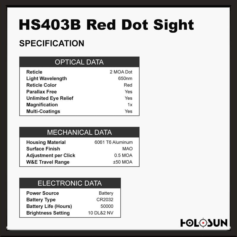 Holosun 2MOA Red Dot HS403B 20mm Micro Optical Red Dot Sight