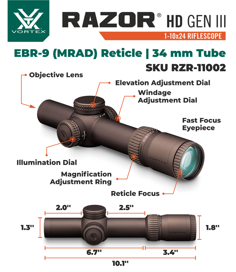 Vortex Optics Razor HD Gen III 1-10x24 FFP EBR-9 34mm Tube Riflescope with Mount and Hat Bundle Bundle
