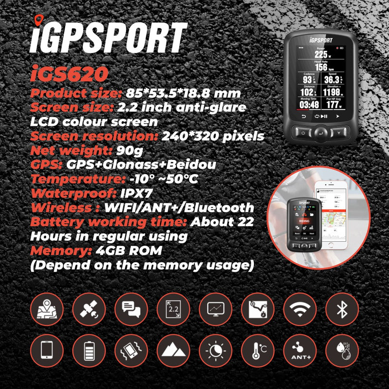 iGPSPORT iGS620 GPS Cycling Computer w/ ANT+ Bicycle Computer, SMS & Call Notification, (HRM +Cycling Sensors)