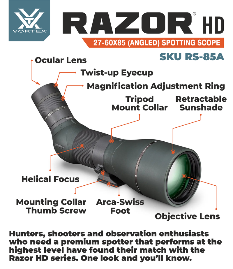 Vortex Optics Razor HD 27-60X85 (Angled) Spotting Scope RS-85A with Free Hat and Wearable4U Bundle