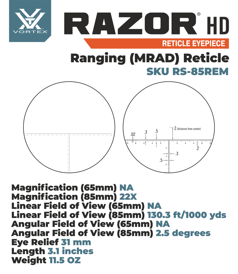 Vortex Optics Razor HD Reticle Eyepiece Ranging MRAD with Free Hat and Lens Cleaning Pen Bundle