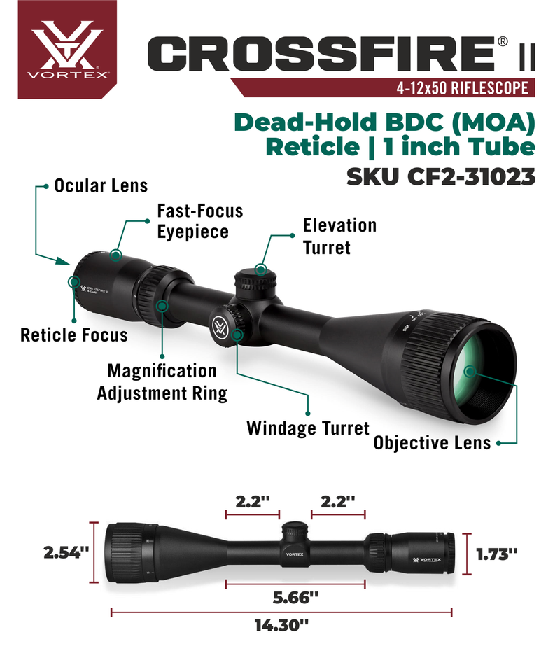 Vortex Optics Crossfire II 4-12x50 AO Dead-Hold BDC (MOA) Reticle, 1 inch Tube Riflescope with Vortex Optics Free Hat, Black Camo Bundle