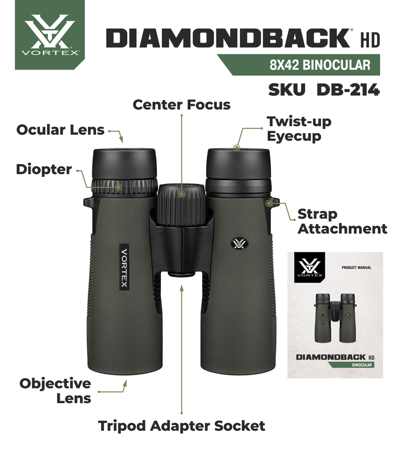 Vortex Optics DB-214 Diamondback HD 8x42 Binocular with Free Hat Bundle