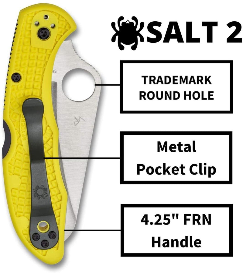 Spyderco Salt 2 Lightweight PlainEdge Folding Knife with 3" H-1 Ultra-Corrosion Resistant Steel Blade and Yellow Handle