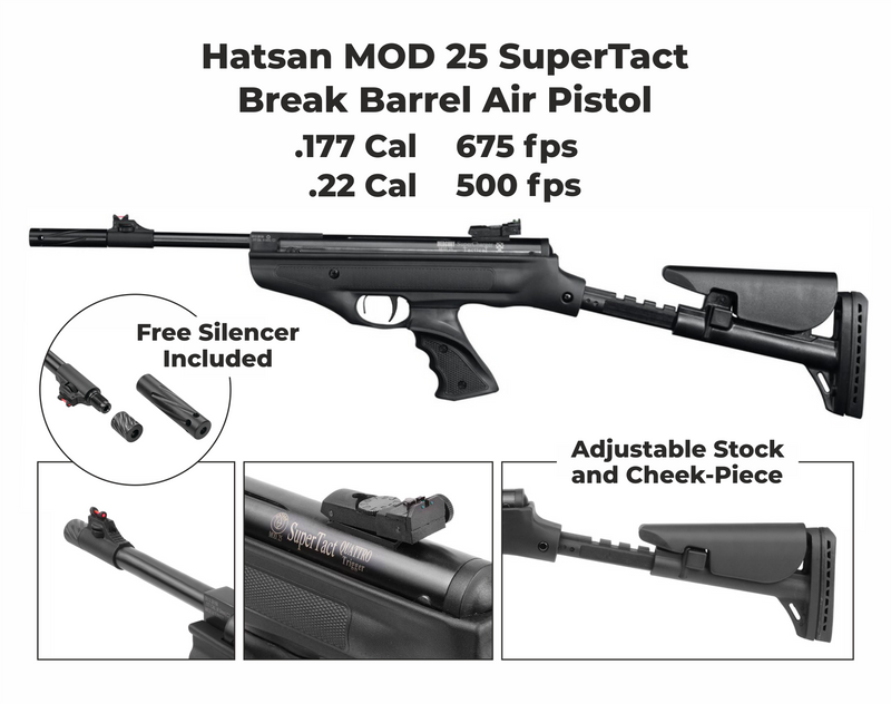 Hatsan Mod 25 Spring Piston SuperTact .177 Cal Single-Shot Break Barrel AirPistol with Wearable4U  .177 cal 500ct Pellets Bundle