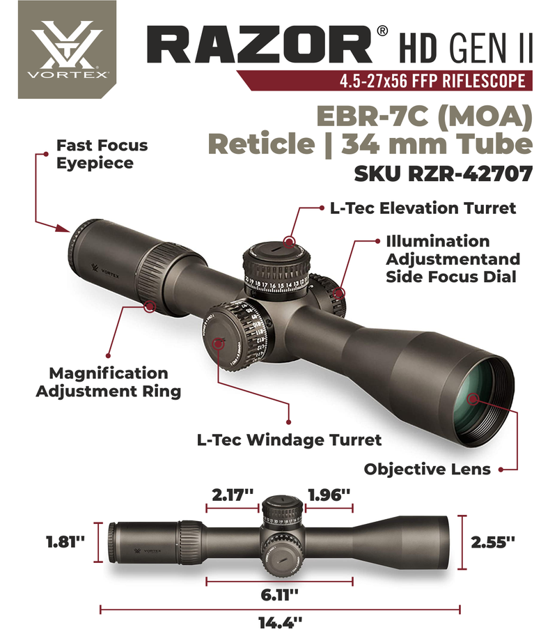 Vortex Optics Razor HD Gen II 4.5-27x56 FFP Riflescope EBR-7C MOA, 34mm Tube with Wearable4U Mount and Hat Bundle