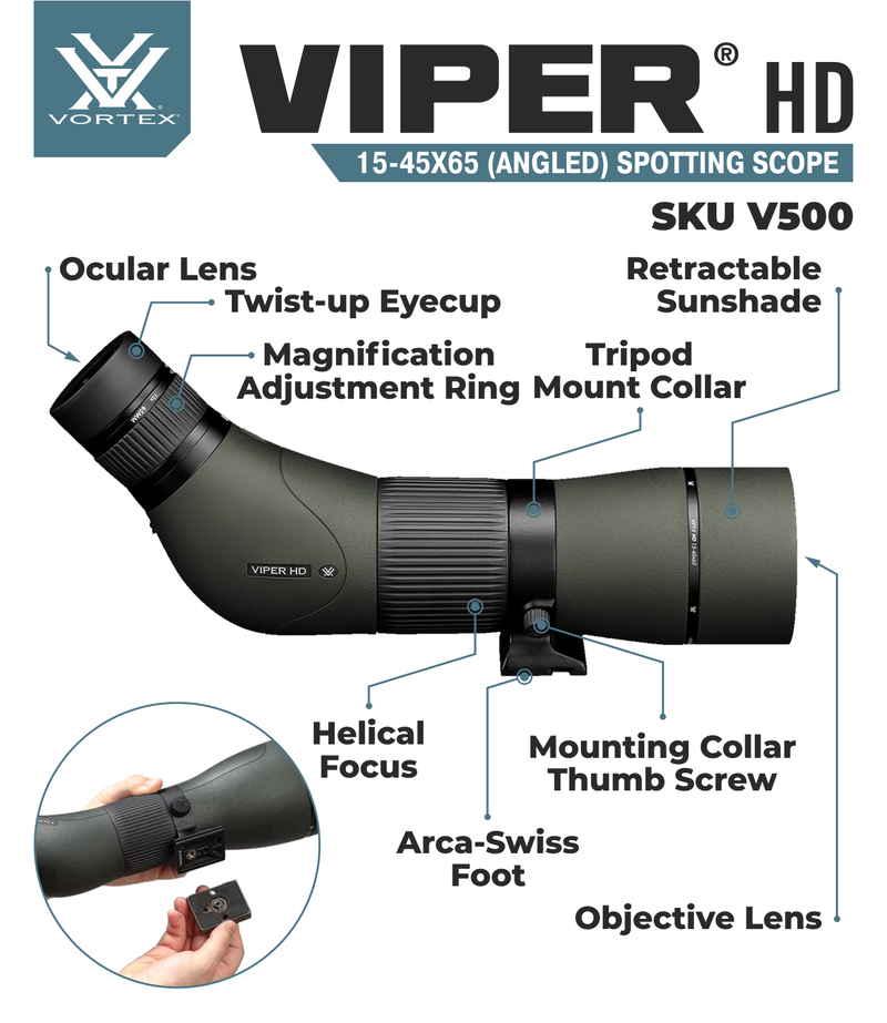 Vortex Optics Viper HD 15-45x65 Angled Spotting Scope with Free Hat and Wearable4U Bundle