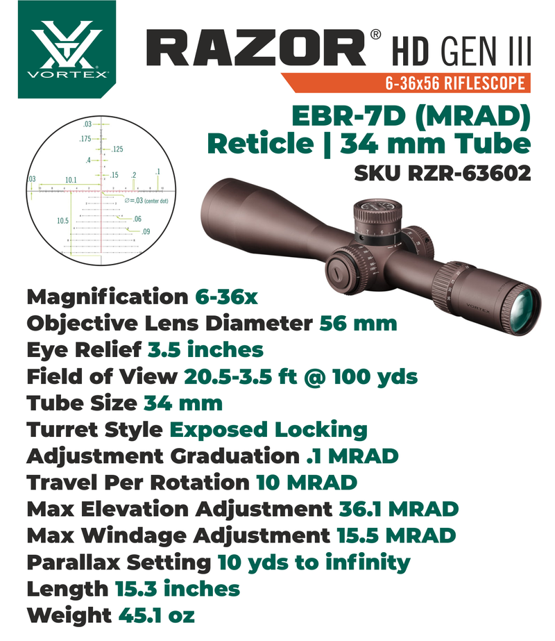 Vortex Optics Razor HD Gen III 6-36x56 FFP EBR-7D (MRAD) Reticle 34 mm Tube Riflescope with Wearable4U Bundle