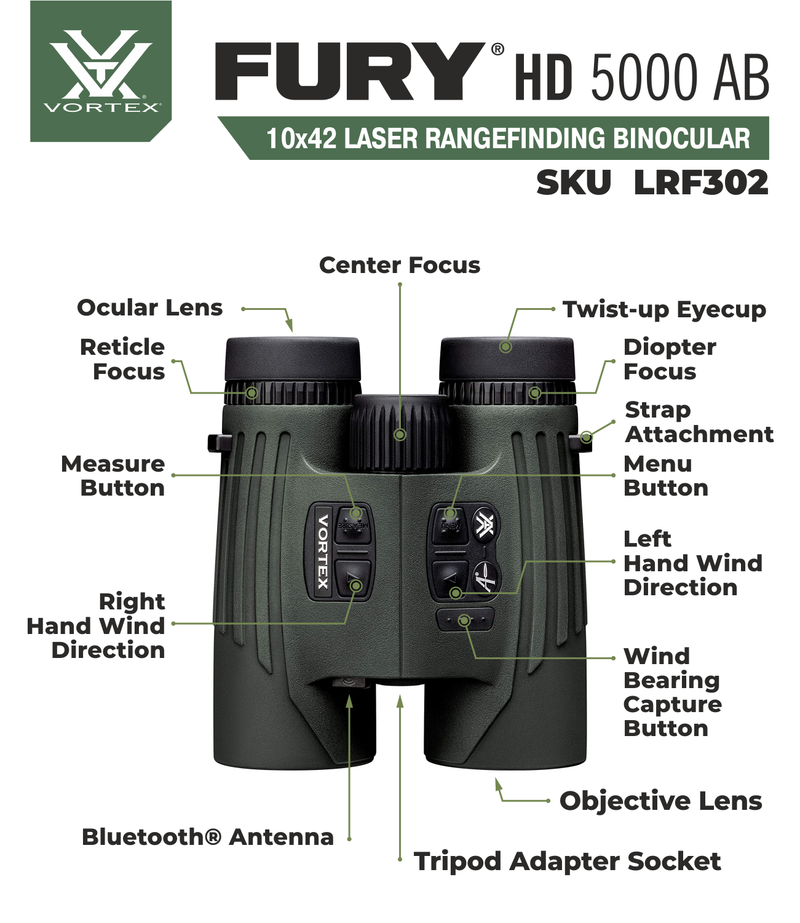 Vortex Optics LRF302 Fury HD 5000 AB 10x42 Applied Ballistics Laser Rangefinding Binocular with Free Hat Bundle