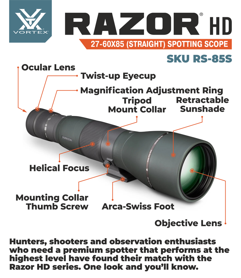 Vortex Optics Razor HD 27-60X85 Straight RS-85S Spotting Scope with Free Hat and Lens Cleaning Pen Bundle