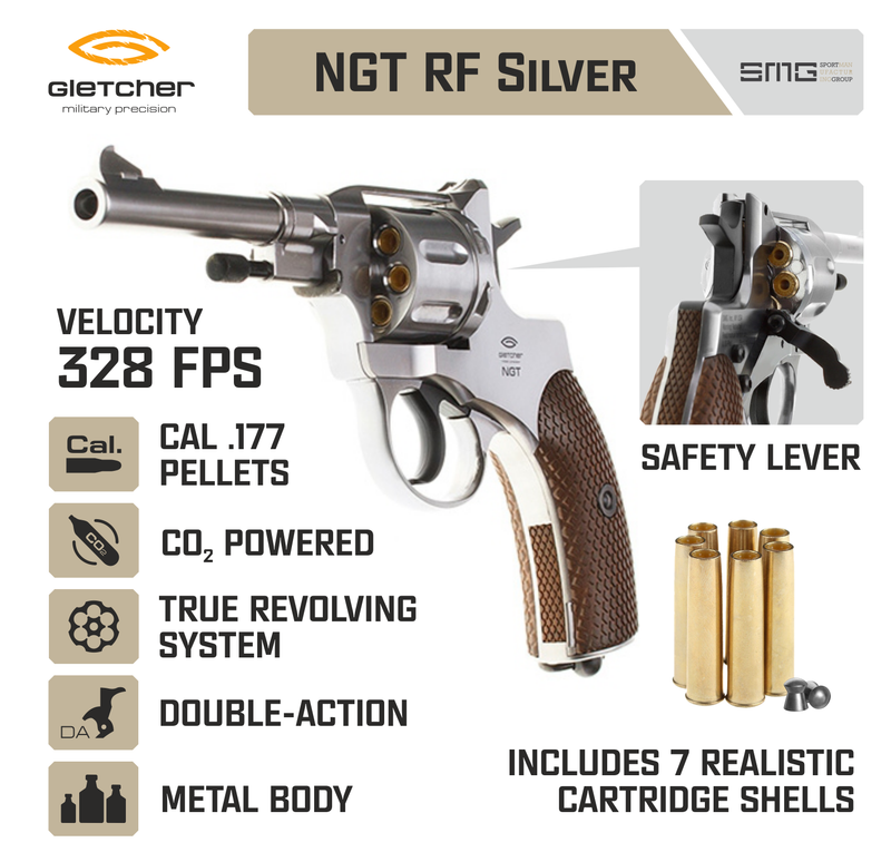 Gletcher NGT RF .177 Cal CO2 Pellet Air Pistol Silver with Safety Lever