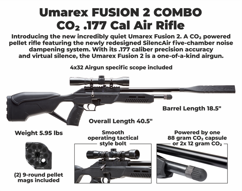 Umarex Fusion 2 Combo (4x32 w/rings) CO2 .177 Cal Air Rifle with Extra 9rd Mag and 2x 90gr CO2 Tanks and Pack of 500 Pellets Bundle