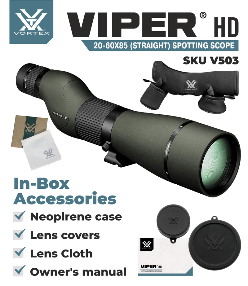 Vortex Optics Viper HD 20-60x85 Straight Spotting Scope V503 with Free Hat and Wearable4U Bundle