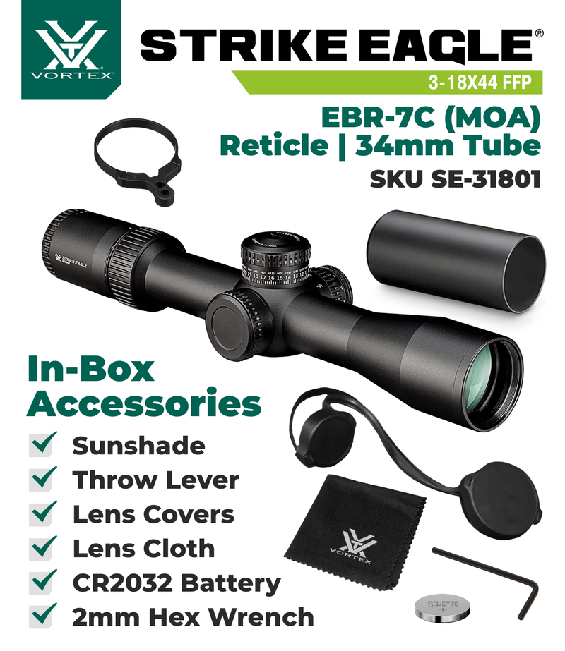 Vortex Optics Strike Eagle 3-18x44 FFP EBR-7C MOA 34mm Tube Riflescope (SE-31801) with Included Bundle