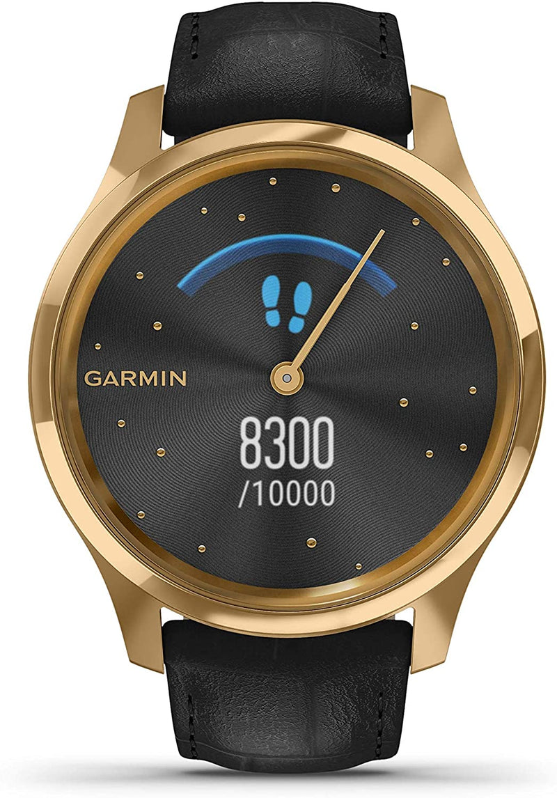 Garmin Vivomove 3 Luxe, Hybrid Smartwatch with White Earbuds Bundle (24K Gold/Black, Leather)