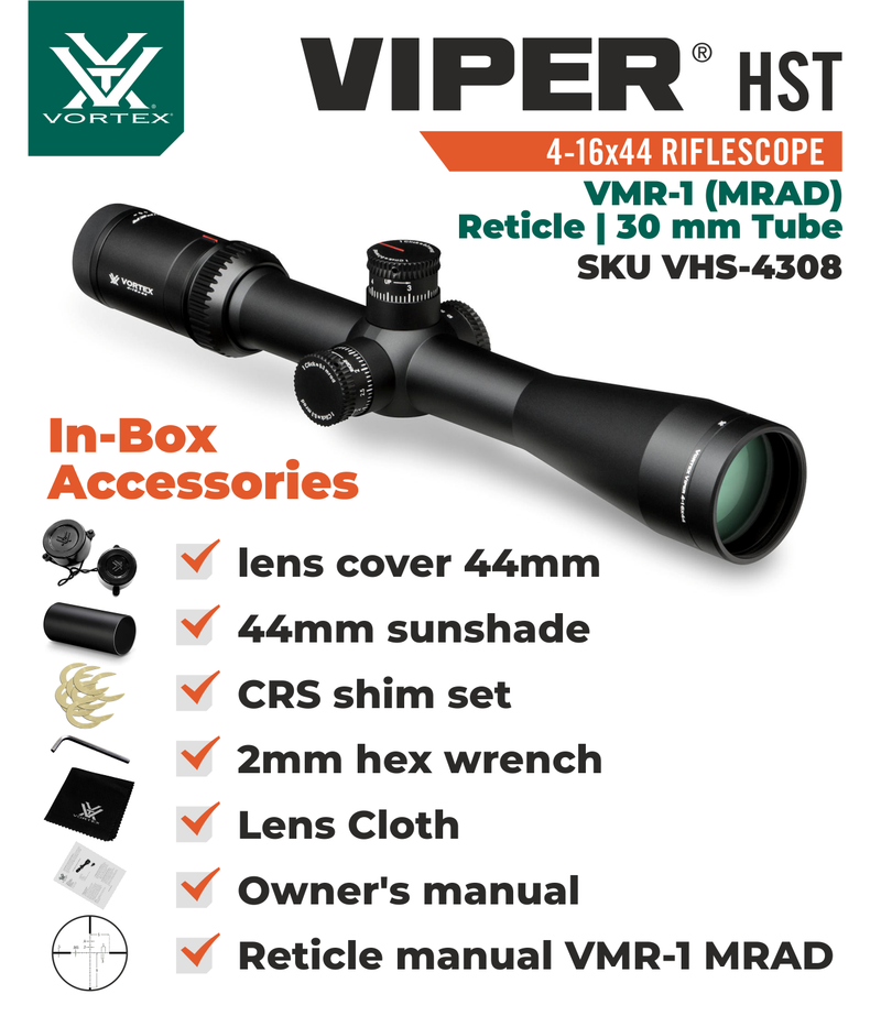 Vortex Optics Viper HST 4-16x44 SFP Riflescope VMR-1 (MRAD) Reticle, 30 mm Tube with Free Hat (Camo Digital) Bundle