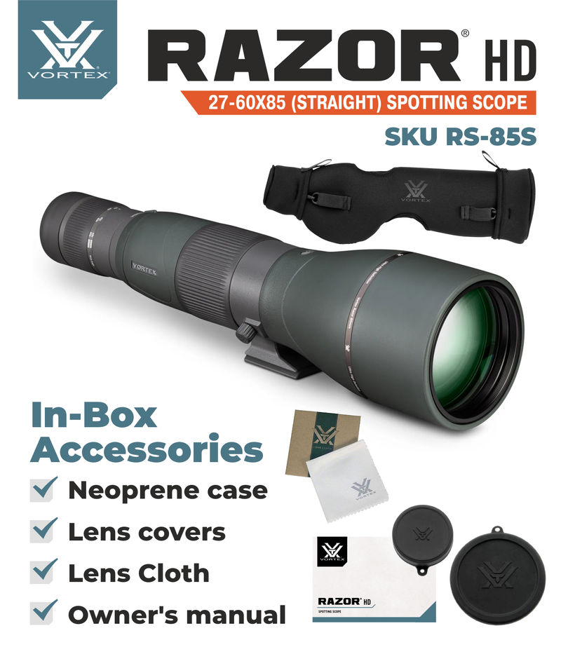 Vortex Optics Razor HD 27-60X85 Straight RS-85S Spotting Scope with Free Hat and Lens Cleaning Pen Bundle