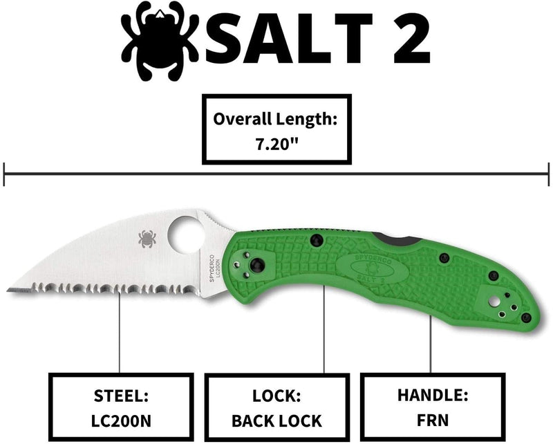 Spyderco C88FSWCGR2 Salt 2 Green LC200N Wharncliffe Serrated Folding Knife